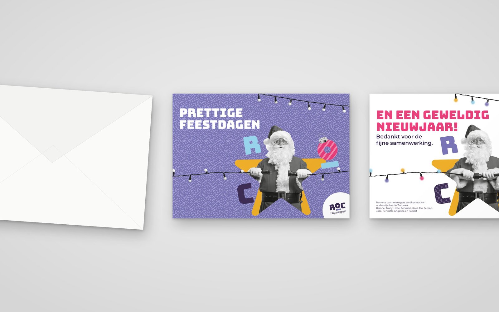 Kerstkaart ROC Nijmegen — Voorkant en achterkant met envelop
